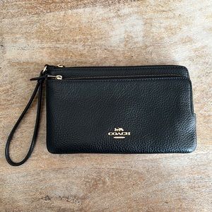Coach | Double Zip Leather Wallet Wristlet, Black + Gold